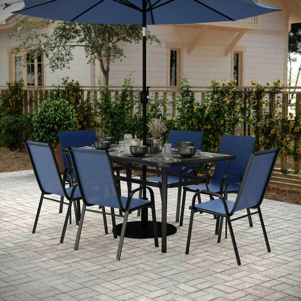 Flash Furniture Brazos 7 Pc Patio Dining Set w/Tempered Glass Patio Table and 6 Chairs w/Navy Flex Comfort Material TLH-94B-303CNV-GG